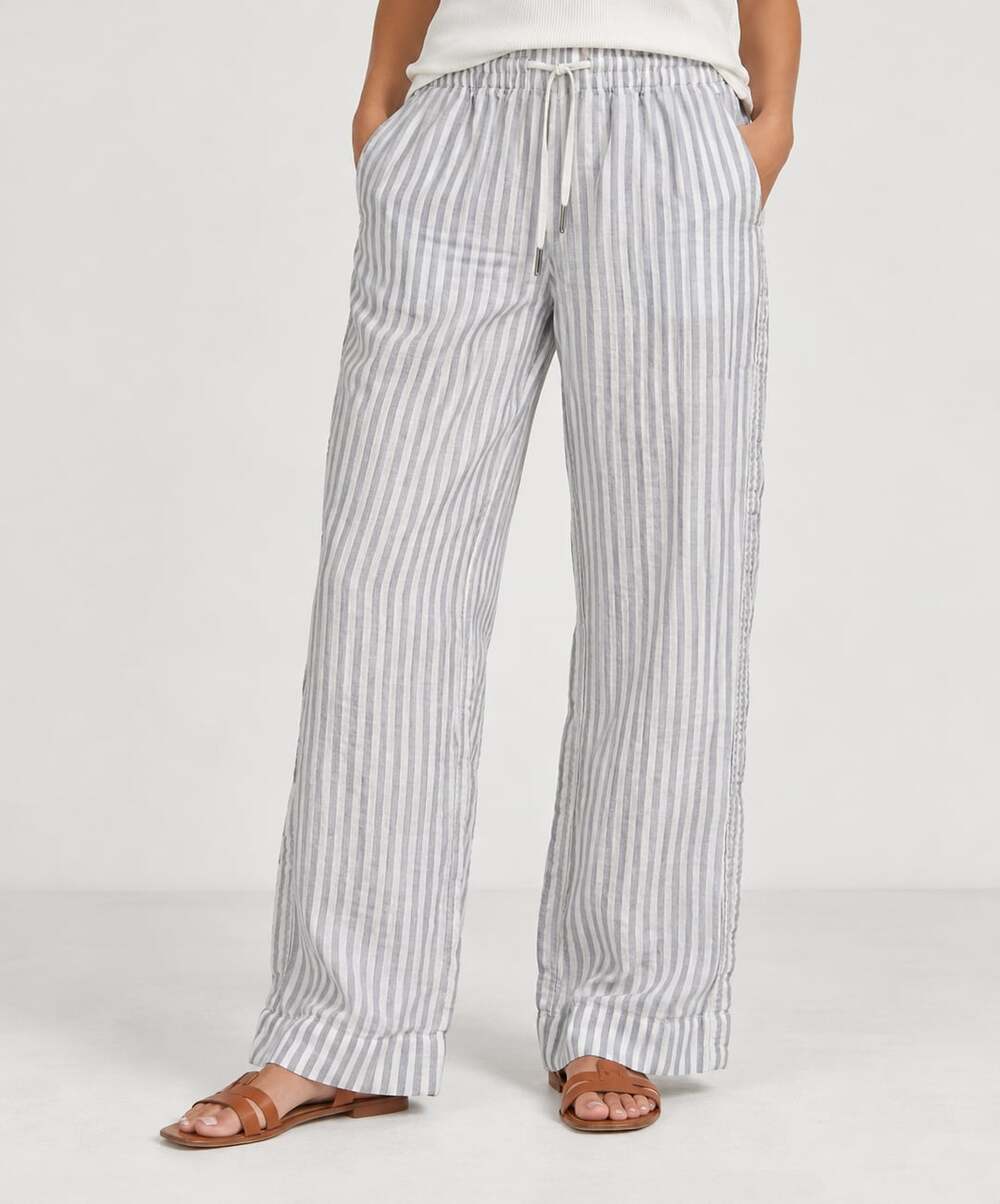 Quince Blue White Striped Wide Leg Drawstring Pants Size M